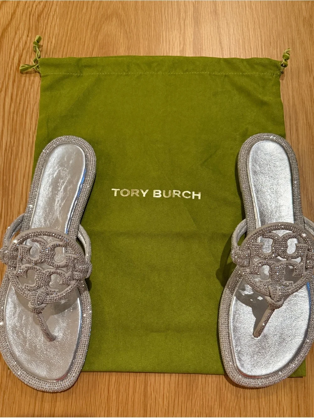 TORY BURCH MILLER SILVER KNOTTED PAVE CRYSTAL FLIP FLOP THONG SANDAL/Sz 10M